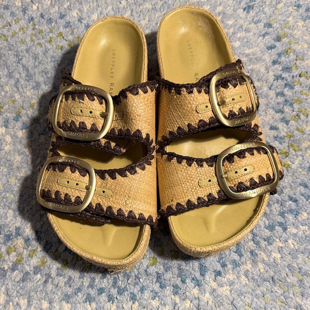 Loeffler Randall Beige and Black Raffia Buckle Sandals